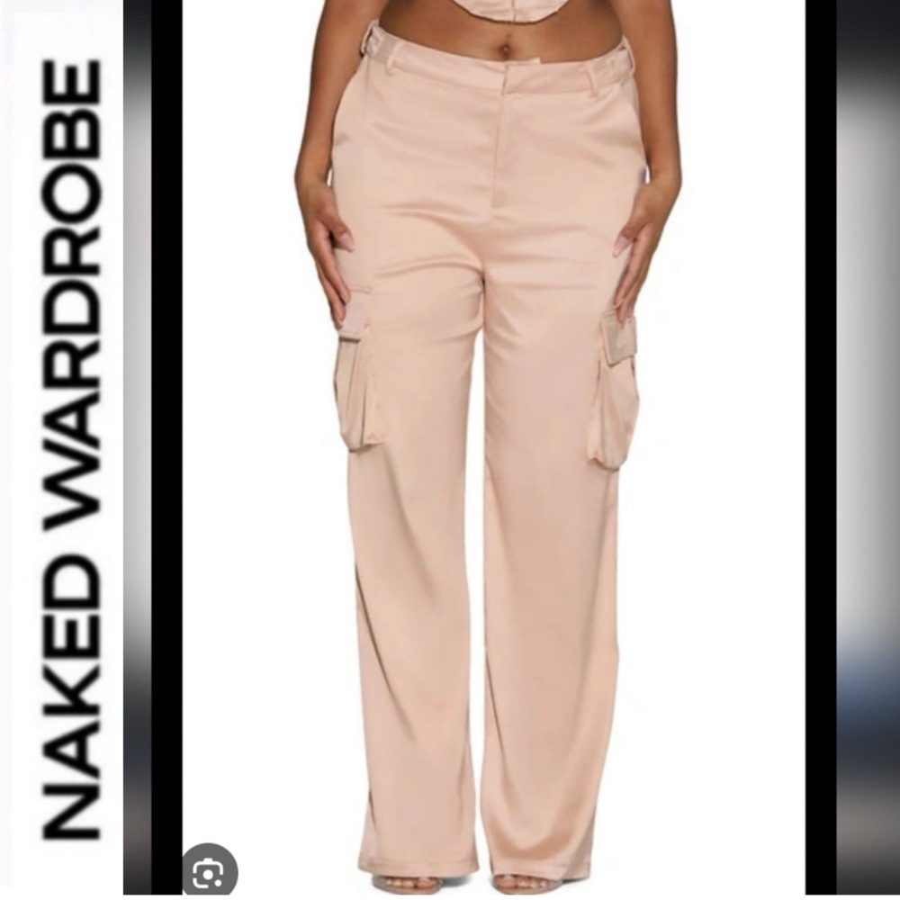 Naked Wardrobe 🤎🩷Extra Glossy Satin Cargo Pants